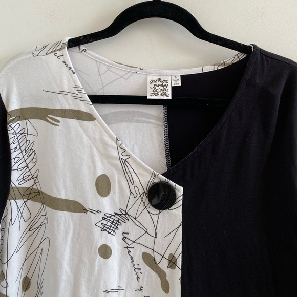 Parsley & Sage Black and White Abstract Lagenlook 3/4 Sleeves Blouse Size L - Picture 3 of 10